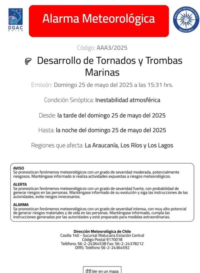 Alerta máxima por posible desarrollo de tornados y trombas marinas en zonas del sur de Chile
